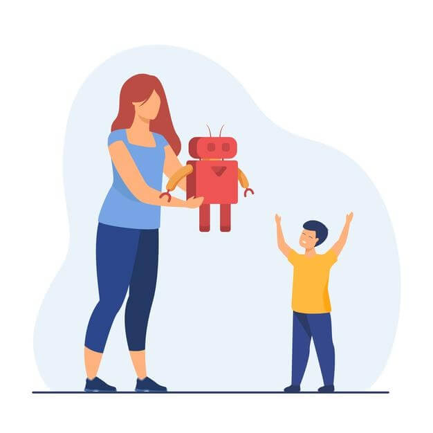 Anya átad egy robotot gyermekének. Mother handing a robot to a child.